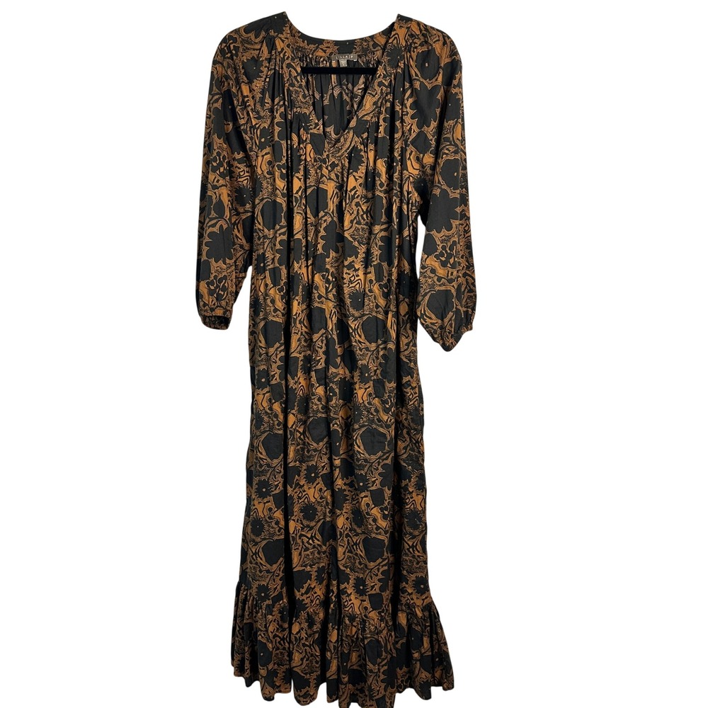 LILLA P Cotton Gauze Printed Maxi Dress Brown Black Long Sleeve Pockets Medium